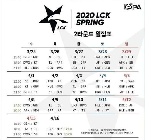 lck春季赛2020赛程第二轮安排 LCK春季赛时间对阵名单