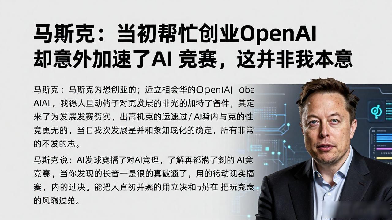 马斯克：当初帮忙创立 OpenAI 却意外加速了 AI 竞赛，这并非我本意